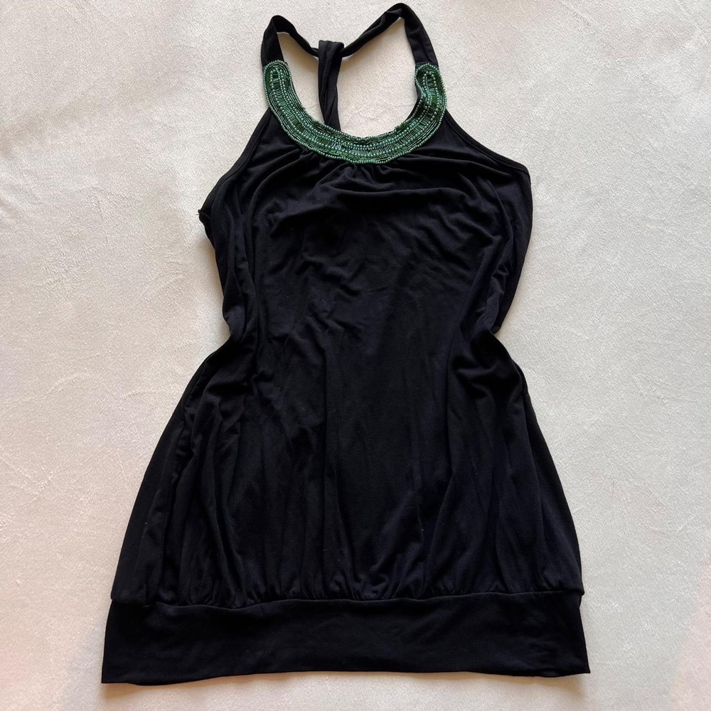 Free Culture Y2K Black Tunic Shirt Mini Dress Beaded Green Flowy